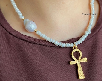 Natural Pearl Ankh Necklace,Side Baroque Pearl Gold Ankh Necklace,Tiny Real Pearl Necklace with Key Of Life Pendant,Egyptian Charm Necklace