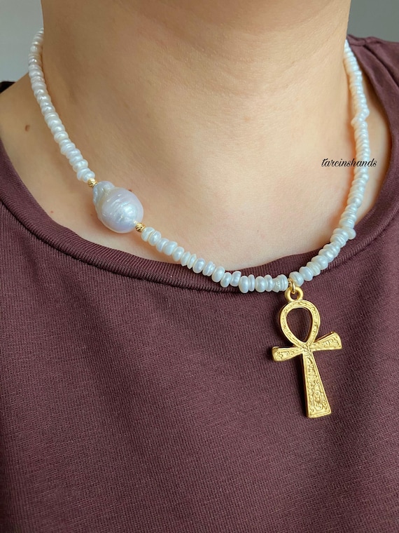 Baroque Pearl Ankh Necklace: Gold Egyptian Key of Life Pendant