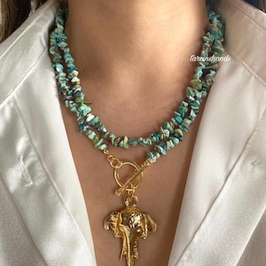 Natural Turquoise Beaded Necklace: Gold Elephant Clasp, Boho Style
