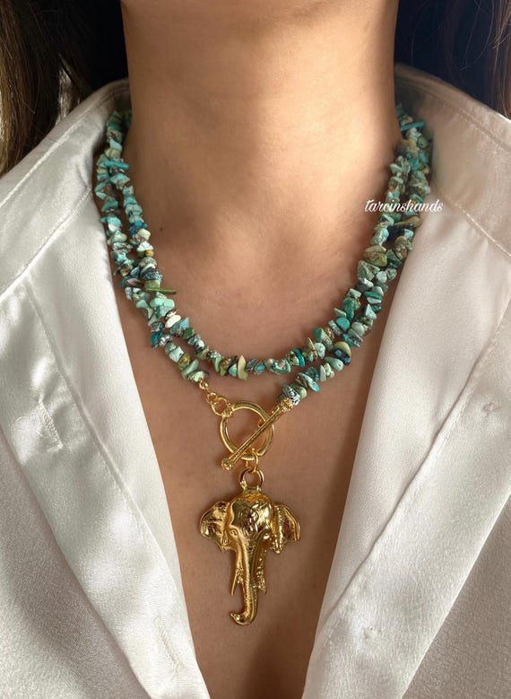 Natural Turquoise Beaded Necklace: Gold Elephant Clasp, Boho Style