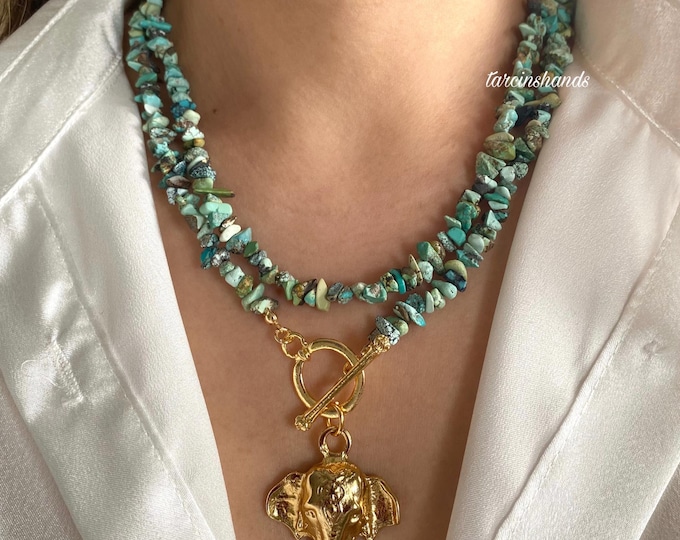 Natural Turquoise Long Necklace,Turquoise Beaded Gold Filled T Bar Clasp Necklace with Elephant Pendant,Boho Semi Precious Stone Necklace