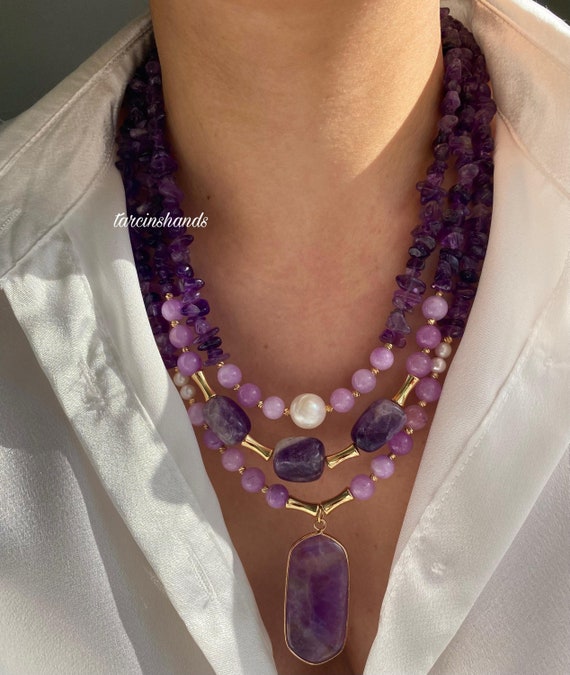 Amethyst Lepidolite Pearl Multistrand Necklace: Gold-Plated Bohemian Jewelry
