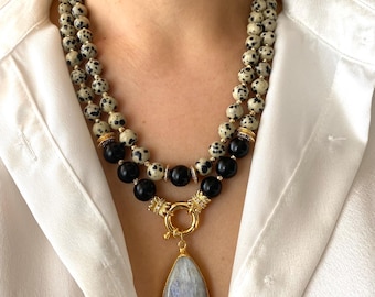 Gold-Plated Dalmatian Jasper & Obsidian Necklace with Moonstone Pendant Gift For