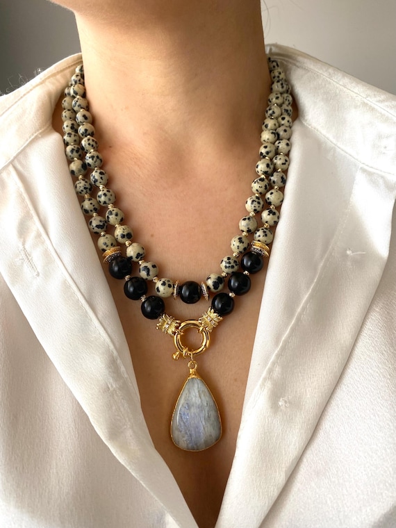 Gold-Plated Dalmatian Jasper & Obsidian Necklace with Moonstone Pendant Gift For