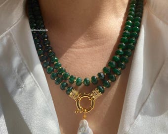 Multistrand Green Agate Gold Necklace with Baroque Pearl Pendant , Green Gemstone Statement Necklace , Chunky Agate Necklace For Women