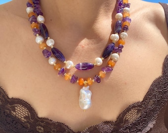 Collar de amatista de varias hebras, colgante de perla barroca de ágata naranja chapado en oro, regalo para mujer, joyería llamativa