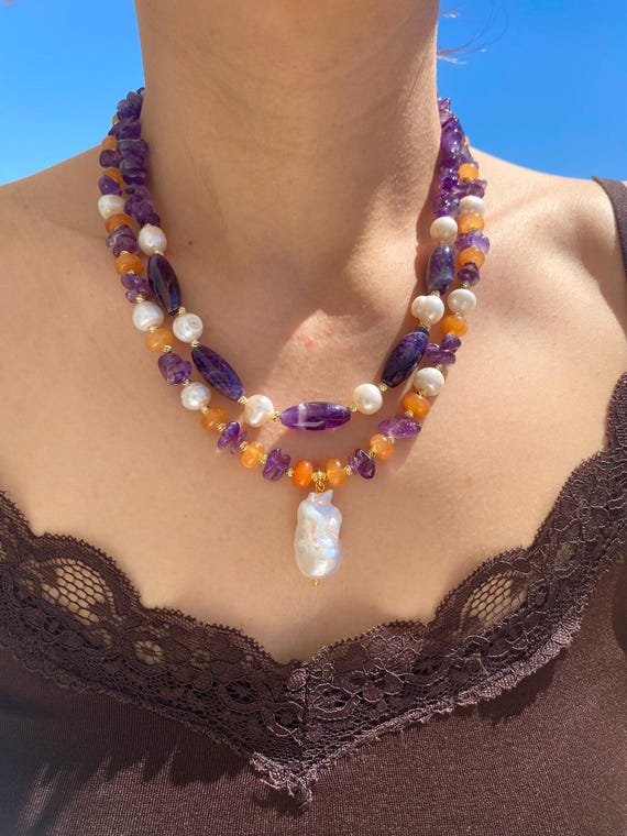 Multistrand Amethyst Orange Agate Pearl Pendant Necklace, Gold Plated Boho Statement Jewelry