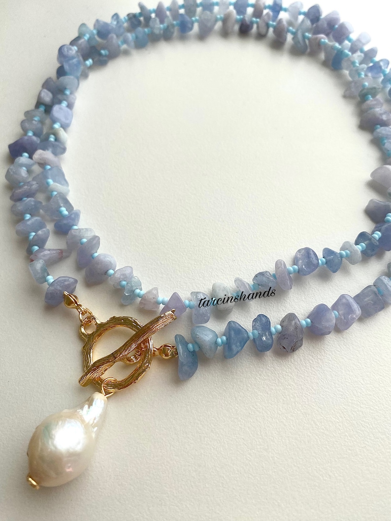 Aquamarine beaded baroque peael gold toggle necklace , long necklace , multistrand gemstone necklace , blue natural stone necklace zdjęcie 5