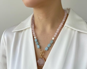 Rosenquarz Aquamarin Halskette, Vergoldeter Toggle Verschluss, Boho Chic Schmuck
