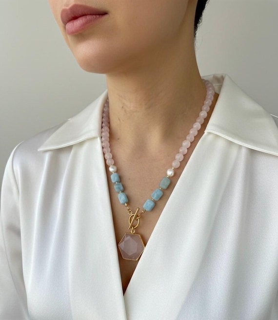 Rose Quartz Aquamarine Necklace, Gold Plated Toggle Clasp, Boho Chic Jewelry