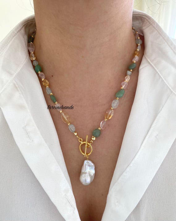 Gemstone Toggle Necklace: Baroque Pearl Pendant, Aventurine, Aquamarine, Rose Quartz , Gift For