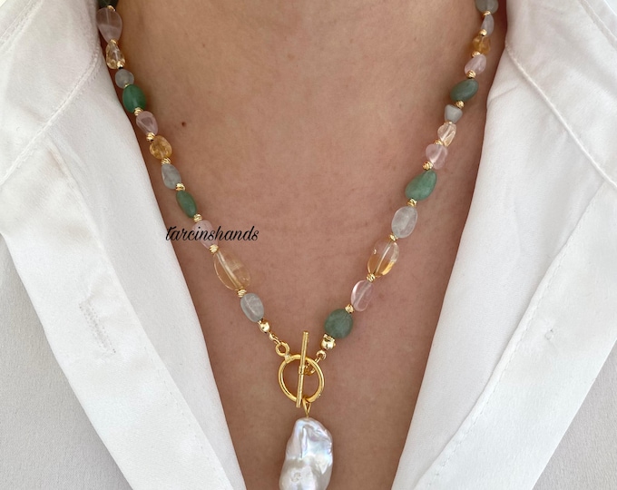Dainty Mixed Gemstone Gold Toggle Necklace with Baroque Pearl Pendant , Pastel Color Gemstone Necklace , Minimalist Gemstone Jewelry