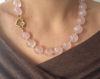 Large Rose Quartz Statement Necklace, Gold Plated Heart Clasp
