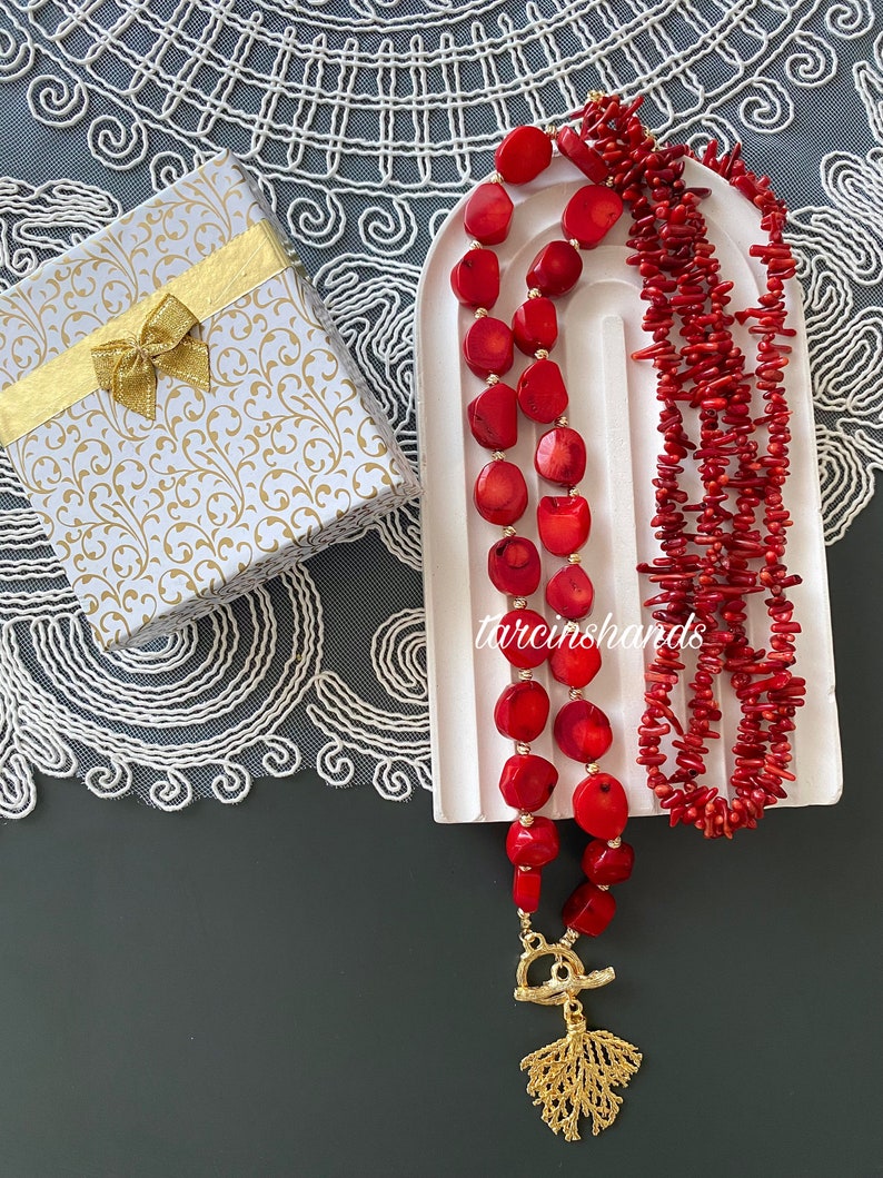 Multistrand Red Coral Necklace with Gold Plated Coral Pendant Bohemian Style image 6