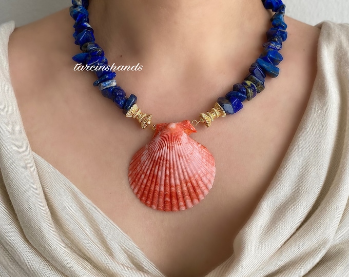 Pink Scallop Shell Necklace with Lapis Lazuli - Beachy Mermaid Jewelry, Gold Filled Summer Necklace Anniversary Gifted