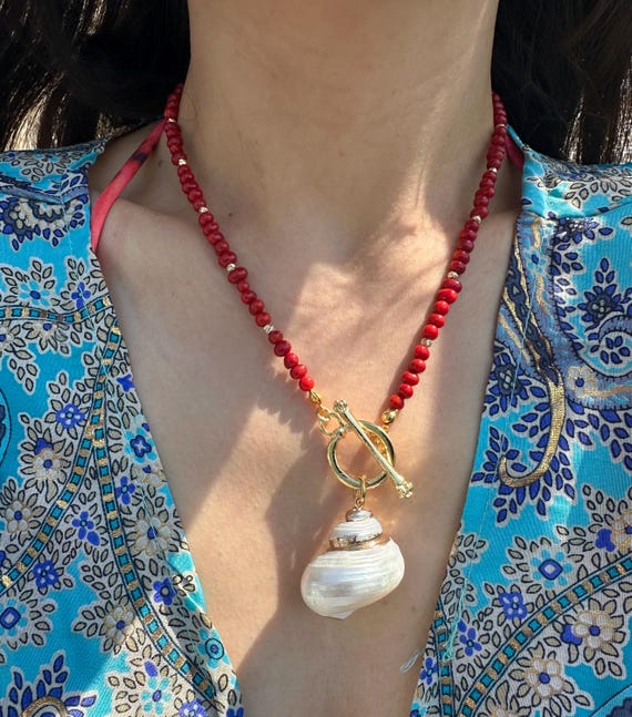 Red Coral Turbo Shell Necklace Toggle Clasp Gold Plated,Natural Gemstone Beach Jewelry
