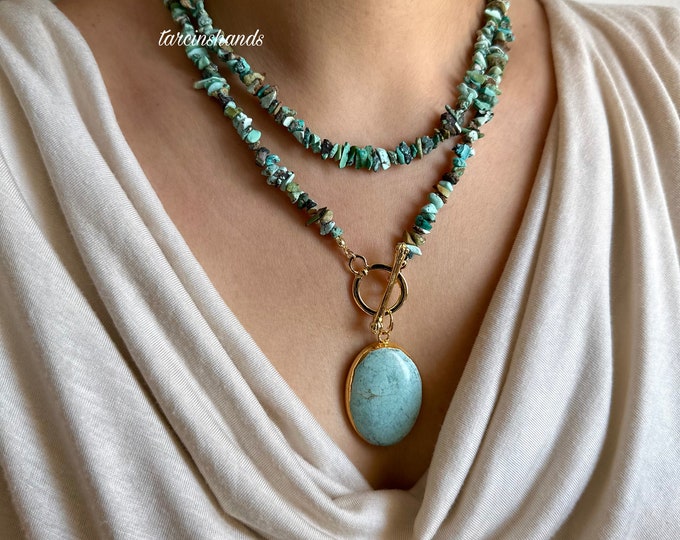 Multistrand Natural Turquoise Gold Toggle Necklace with Turquoise Pendant , Layered Turquoise Necklace , Light Blue Natural Stone Necklace