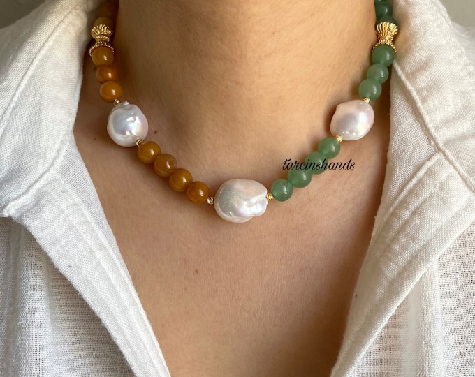 Orange Agate and Aventurine Baroque Pearl Ombre Necklace with Gold Filled Toggle , Half-Half Gemstone Necklace with Baroque Pearls