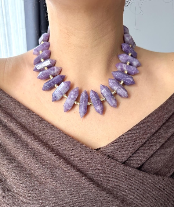 Chunky Lepidolite Statement Necklace, Gold Plated Bohemian Jewelry