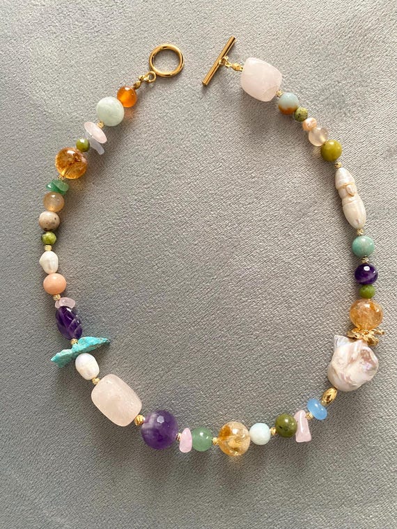 Boho Gemstone Pearl Necklace, Gold Plated Brass, Colorful Beaded Statement