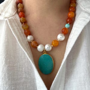 Orange Agate Turquoise and Natural Pearl Necklace ,Chunky Big Bold Agate,Pearl and Gemstone Necklace,Gift For Women,Boho Gemstone Jewelry
