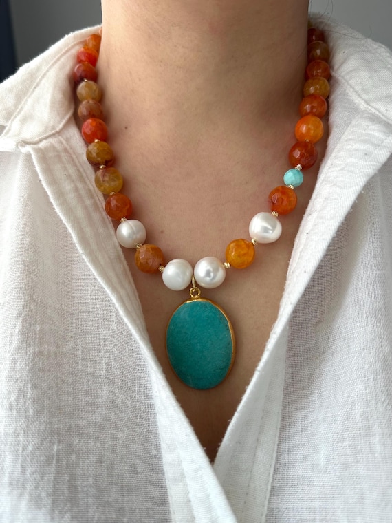Orange Agate Turquoise Pearl Necklace: Chunky Boho Gemstone Jewelry