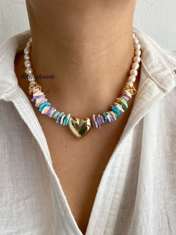 Gold-Filled Puffy Heart Necklace: Pastel Shell Beads & Freshwater Pearls
