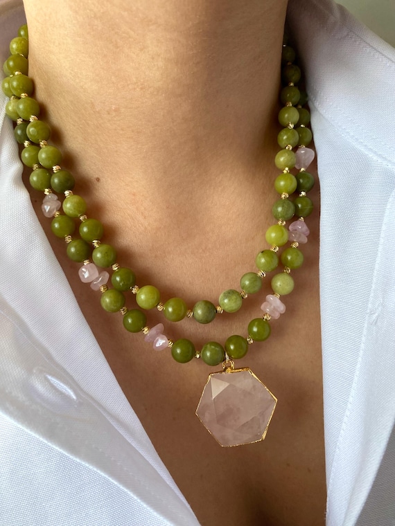 Jade and Rose Quartz Multistrand Necklace: Gold-Plated Gemstone Statement Gift