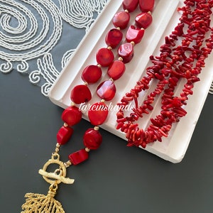 Multistrand Red Coral Necklace with Gold Plated Coral Pendant Bohemian Style image 5