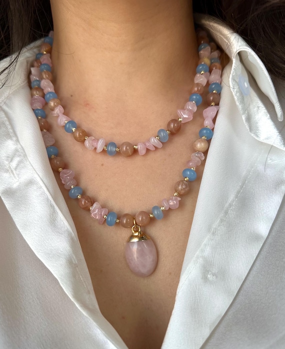 Rose Quartz Sunstone Agate Multistrand Necklace: Gold-Plated Boho Gemstone Gift For
