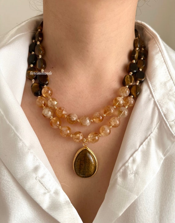 Multistrand Citrine and Tiger's Eye Gold Necklace  with Tiger's Eye Stone Pendant , Brown and Yellow Gemstone Necklace , Statement Gemstone