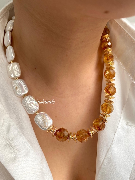 Citrine and Freshwater Pearl Necklace: Gold-Plated Statement Jewelry