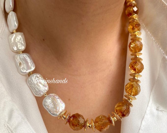 Natural Citrine and Pearl Necklace,High Quality Citrine Necklace,Natural Pearl Citrine Necklace,Semi Precious Stone Necklace,Gift For Mom