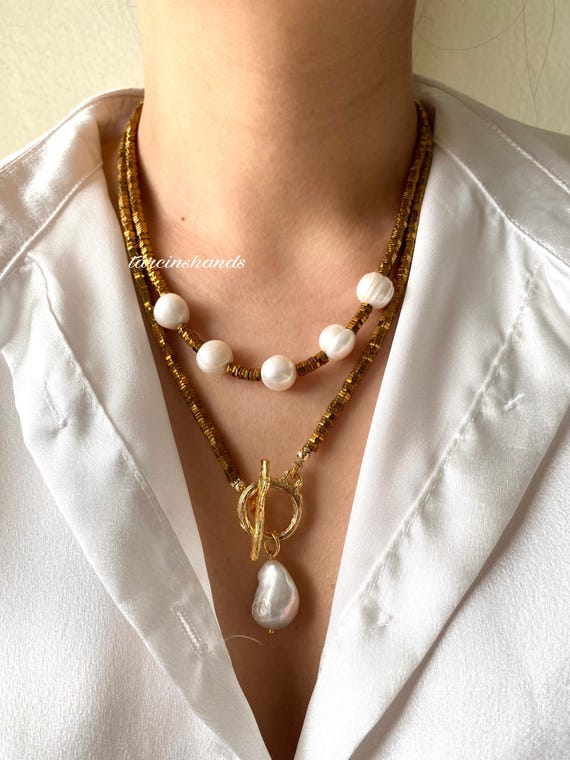 Multistrand Gold Hematite Necklace: Baroque Pearl Pendant, 14k Gold Filled Toggle