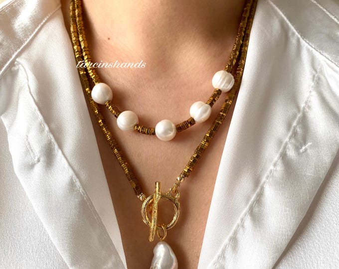Multistrand Gold Hematite Baroque Pearl Gold Toggle Necklace , Layered Hematite Necklace , Hematite Pearl Necklace , Gold Bead Necklace