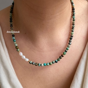 Natural Turquoise Bead Side Freshwater Pearl Gold Filled Minimalist Necklace,Real Turquoise Dainty Necklace,Semi Precious Stone Necklace