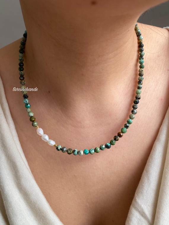 Turquoise Bead Necklace: Freshwater Pearl Accent, Gold-Plated