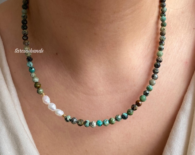 Natural Turquoise Bead Side Freshwater Pearl Gold Filled Minimalist Necklace,Real Turquoise Dainty Necklace,Semi Precious Stone Necklace
