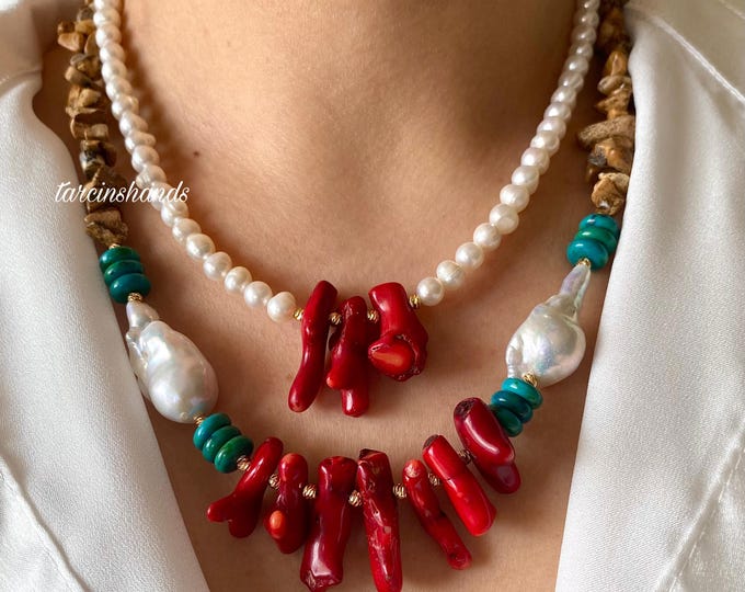 Multistrand Chunky Bohemian Gemstone Gold Necklace, Natural Red Branch Coral Turquoise Baroque Pearl and Picture Jasper Necklace, Gift Idea