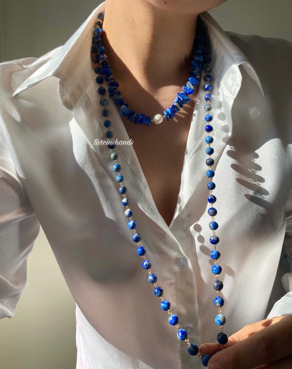 Multistrand Lapis Lazuli Necklace: Gold Filled, Freshwater Pearl