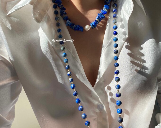 Multistrand Lapis Lazuli One Pearl Gold Filled Necklace, Long Lapis Lazuli Beaded Necklace, Navy Blue Semi Precious Stone Statement Necklace