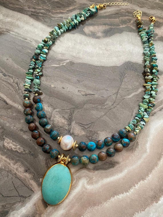 Handcrafted Turquoise Chrysocolla Necklace: Boho Pearl Multistrand
