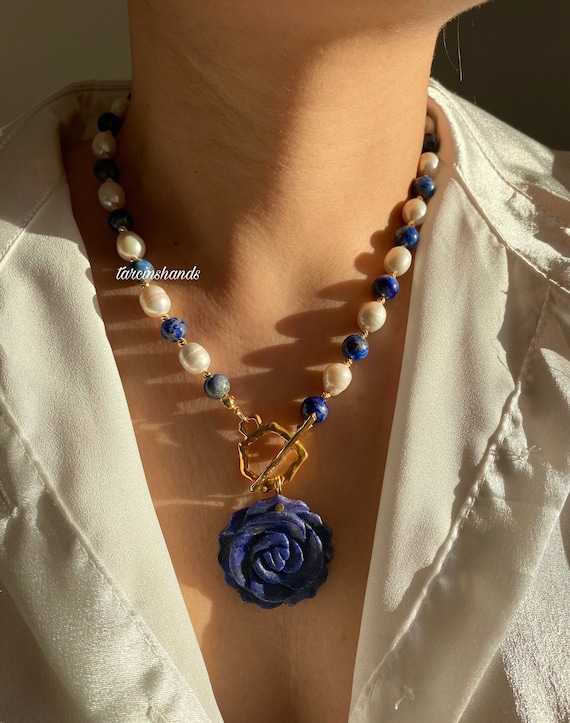 Lapis Lazuli Pearl Necklace: Gold-Plated Rose Pendant, Toggle Clasp