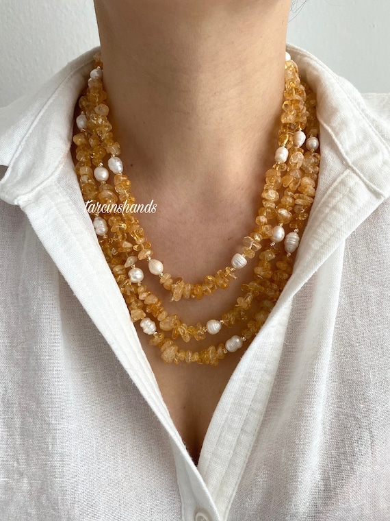 Multistrand Citrine Pearl Necklace: Gold-Plated Layered Gemstone
