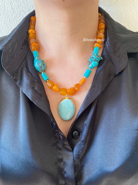 Orange Agate & Raw Turquoise Gold Plated Necklace: Boho Statement Jewelry