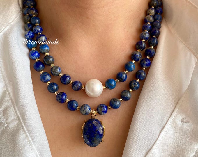Multistrand Lapis Lazuli Necklace,Lapis Lazuli Pendant Gold Filled Necklace,Natural Lapis Lazuli Bead Two Strand Necklace,Gift For Women