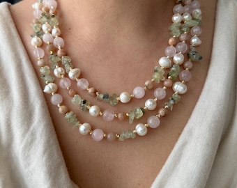 Multistrand Unique Gemstone and Natural Pearl Necklace,Pink Quartz Prehnite Sunstone Necklace,Mixed Natural Gemstone Pearl Layered Necklace