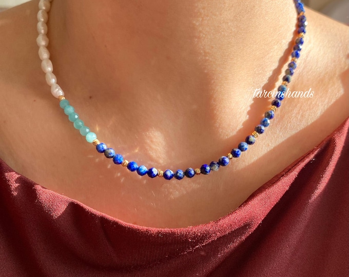 Lapis Lazuli Amazonite and Pearl Gold Necklace, Gemstone and Pearl Necklace ,Minimalist Gemstone Necklace ,Blue Semi Precious Stone Necklace
