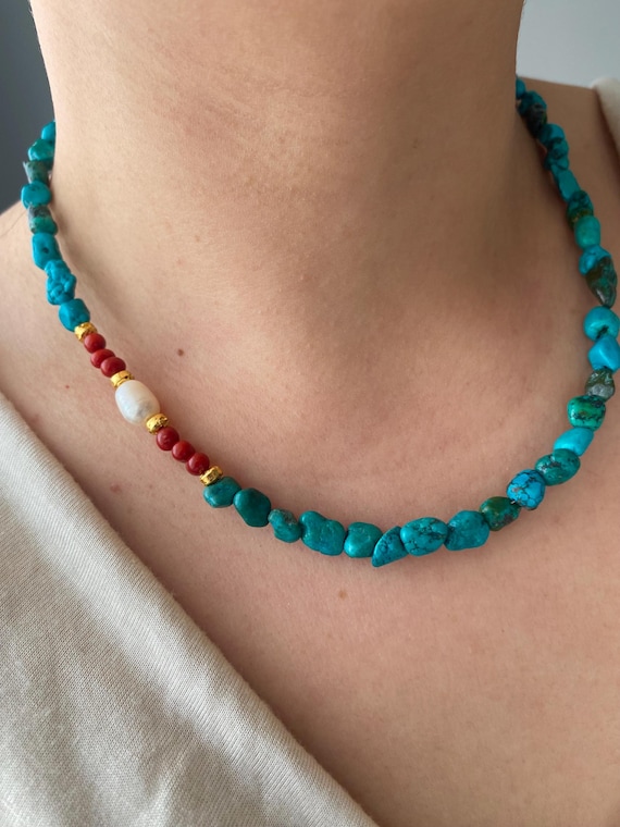 Turquoise, Coral & Pearl Beaded Necklace: Boho Gemstone, Gold-Plated