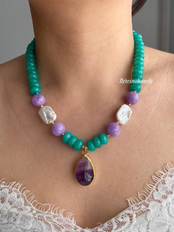 Blue Agate Amethyst Pendant Necklace: Lavender Jade & Baroque Pearl
